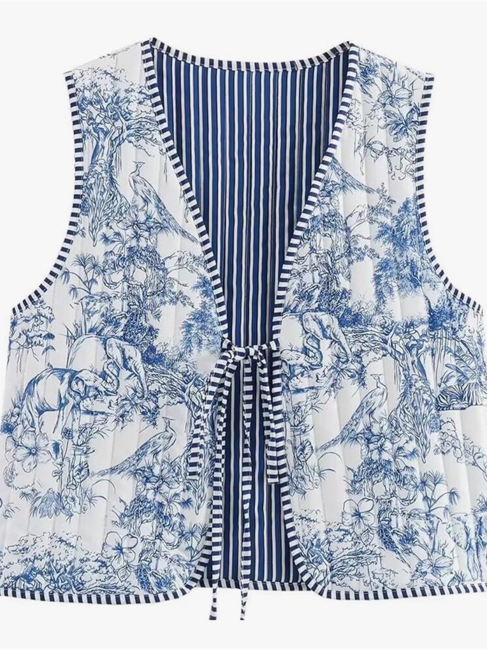 Quilted Blue and White Toile Print Tie-Front Vest